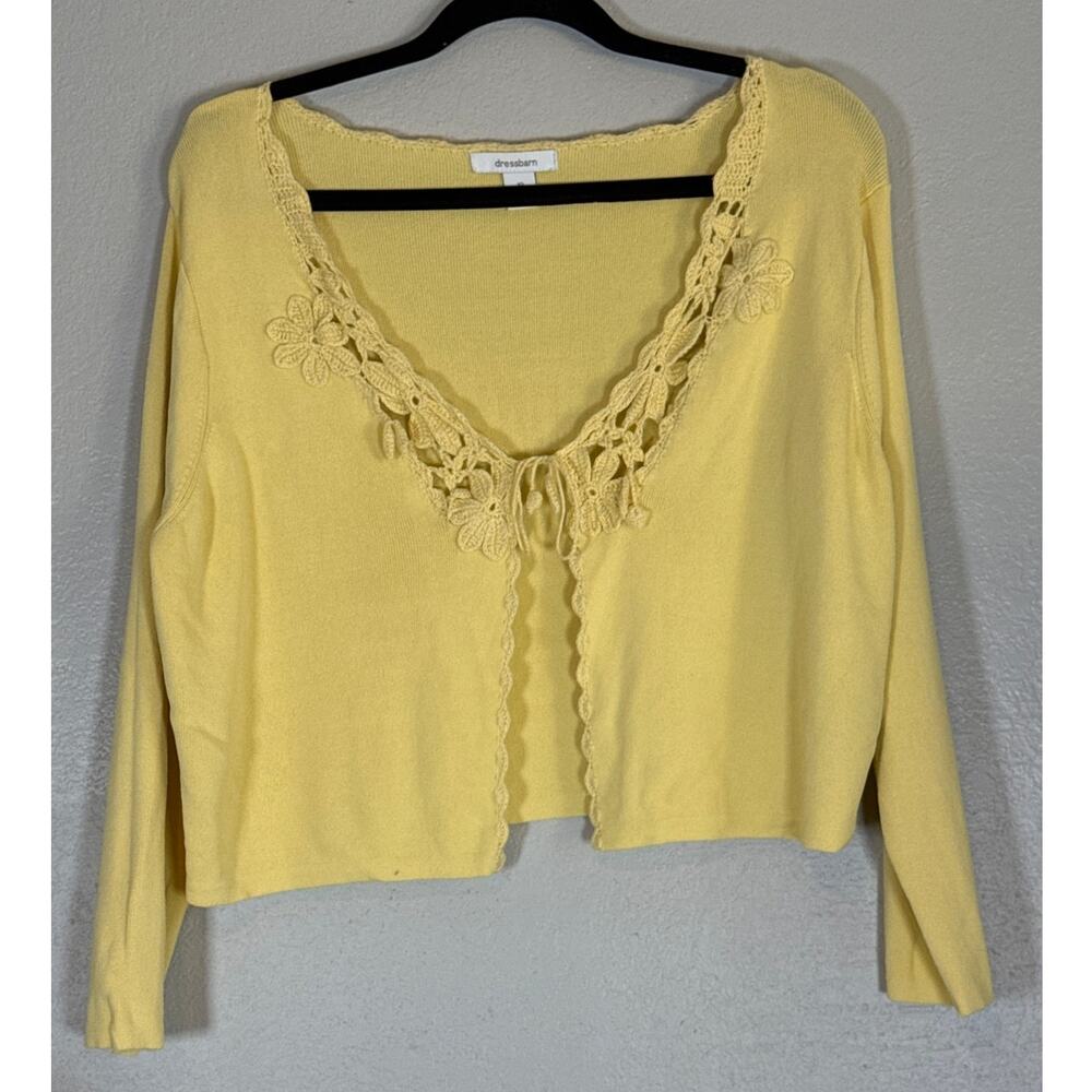 Vintage Tie Front Crochet Trim Cardigan Sweater Butter Yellow Floral Lace Sz 10